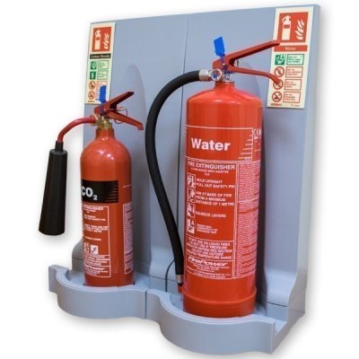 Grey Double Fire Extinguisher Stand with Extinguishers and Signs
